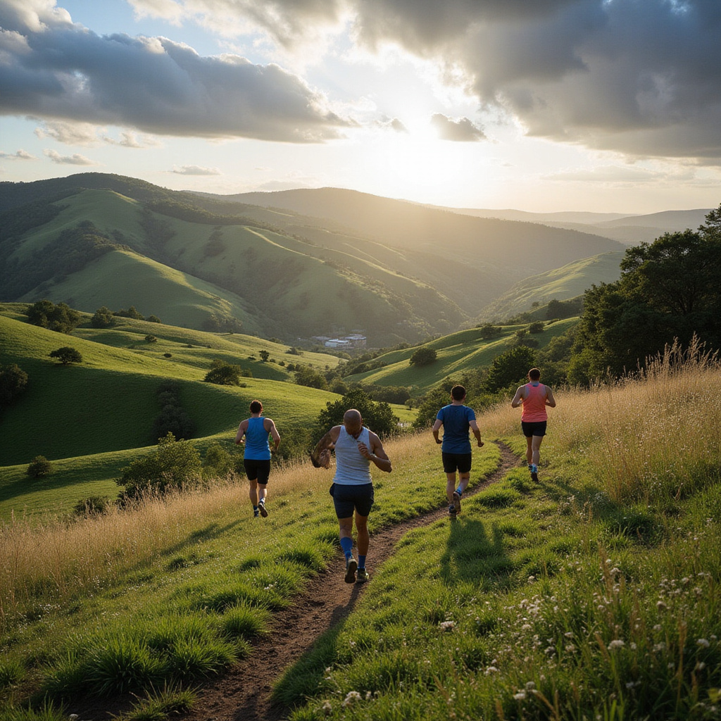 Biegacze trenujący w Eldoret, otoczeni zielonymi wzgórzami Doliny Ryftowej