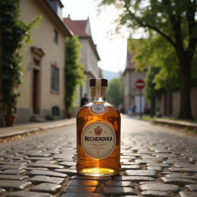 Butelka Becherovki na tle ulicy w Karlowych Warach – czeski likier z 32 ziołami
