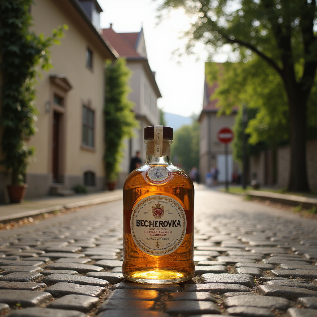 Butelka Becherovki na tle ulicy w Karlowych Warach - czeski likier z 32 ziołami