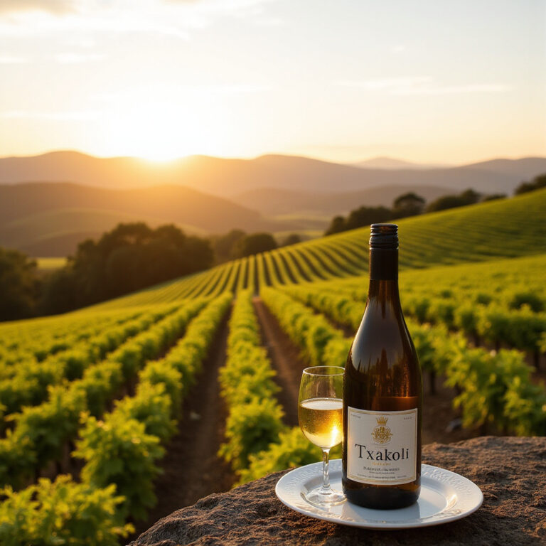 Butelka Txakoli na tle winnic w Kraju Basków, świeże wino baskijskie