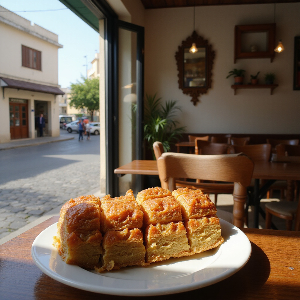 Baklava w cukierni w Famaguście z widokiem na starą ulicę