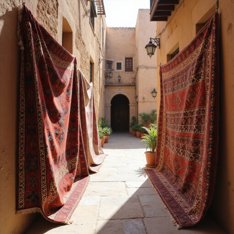 Tradycyjne tunezyjskie dywany Kairouan na tle wąskiej uliczki medyny