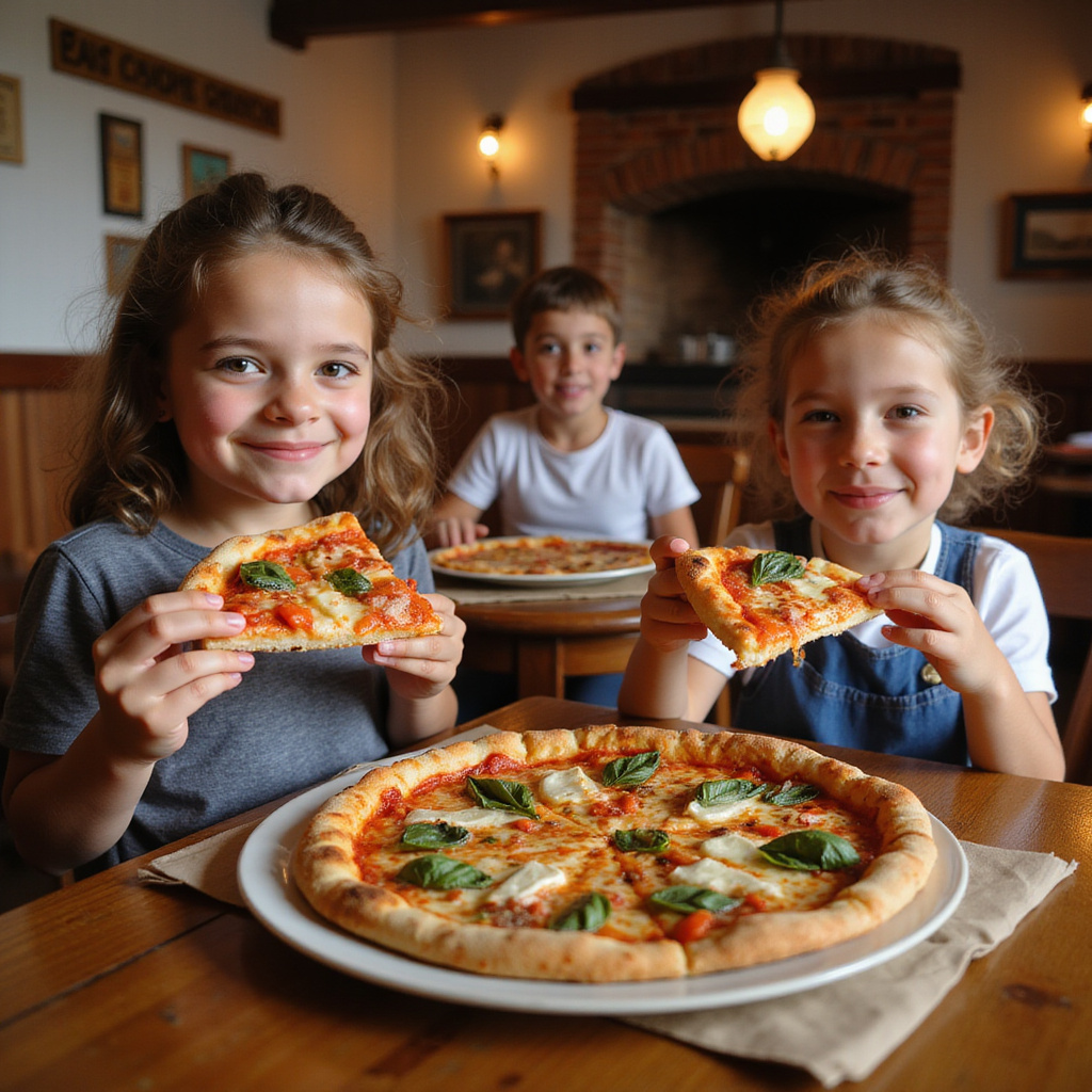 Dzieci jedzące pizzę w tradycyjnej neapolitańskiej pizzerii