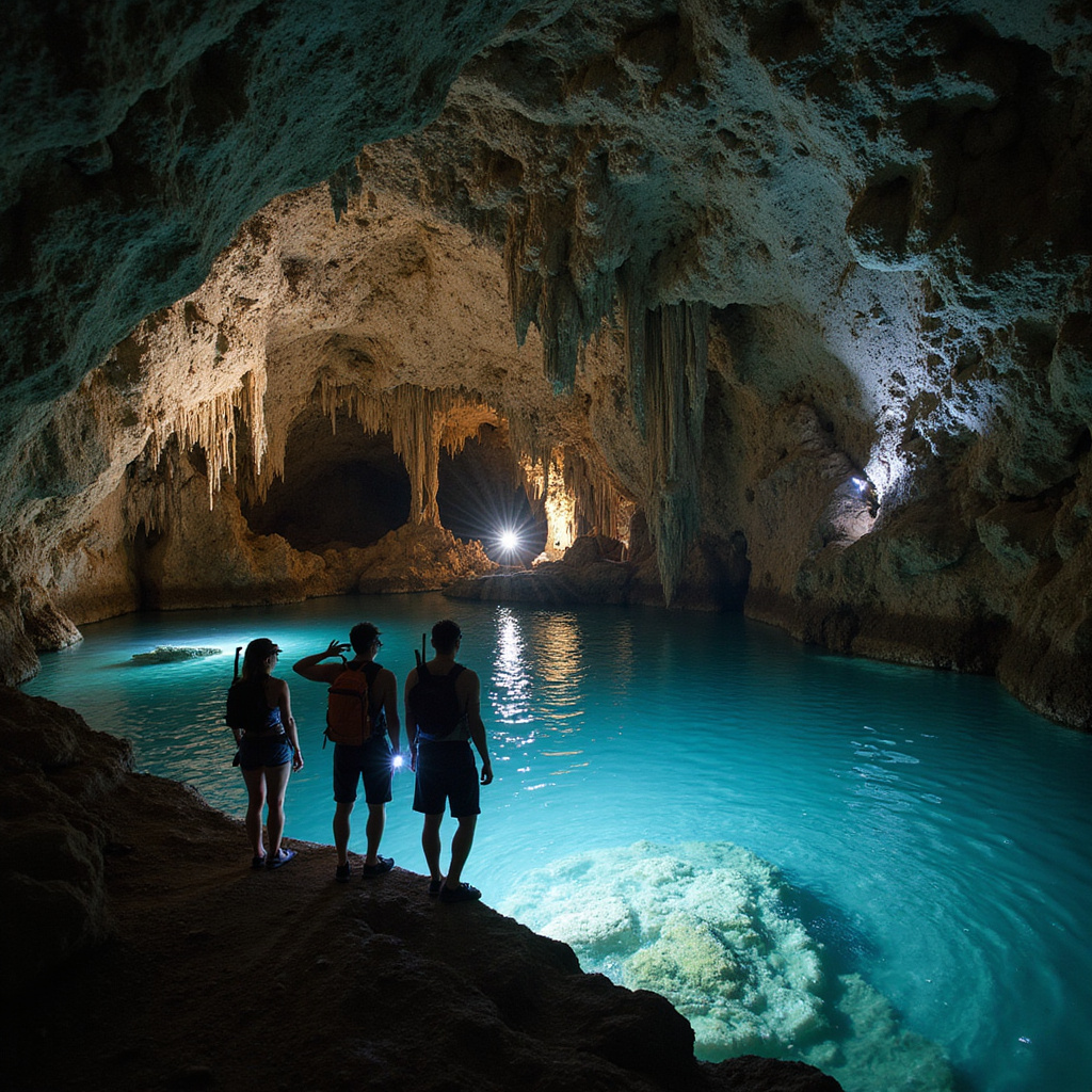 Turyści eksplorujący jaskinię Rio Secreto z latarkami i sprzętem do snorkelingu