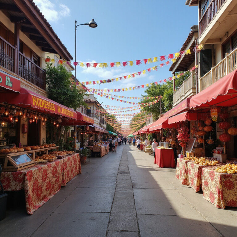 ulica na wyspie z festiwalowymi straganami i lokalnymi przysmakami