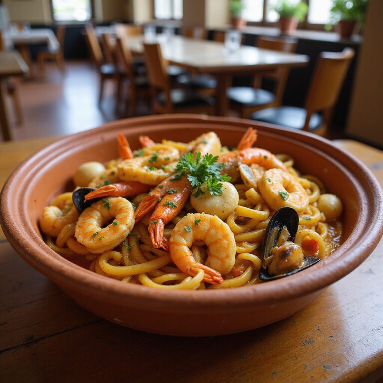 Fideuà - makaronowa potrawa z owocami morza w restauracji w Walencji