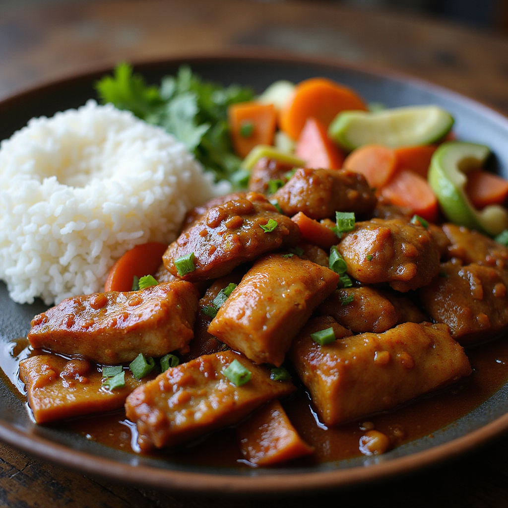 Tradycyjne filipińskie danie adobo z ryżem i warzywami