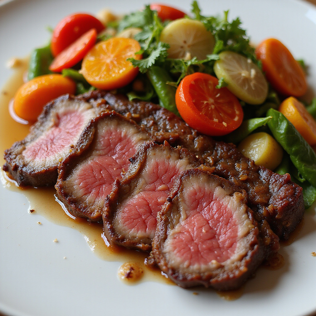 Gotowana wołowina Kobe na talerzu z warzywami, prezentująca marmurkowatość i soczystość