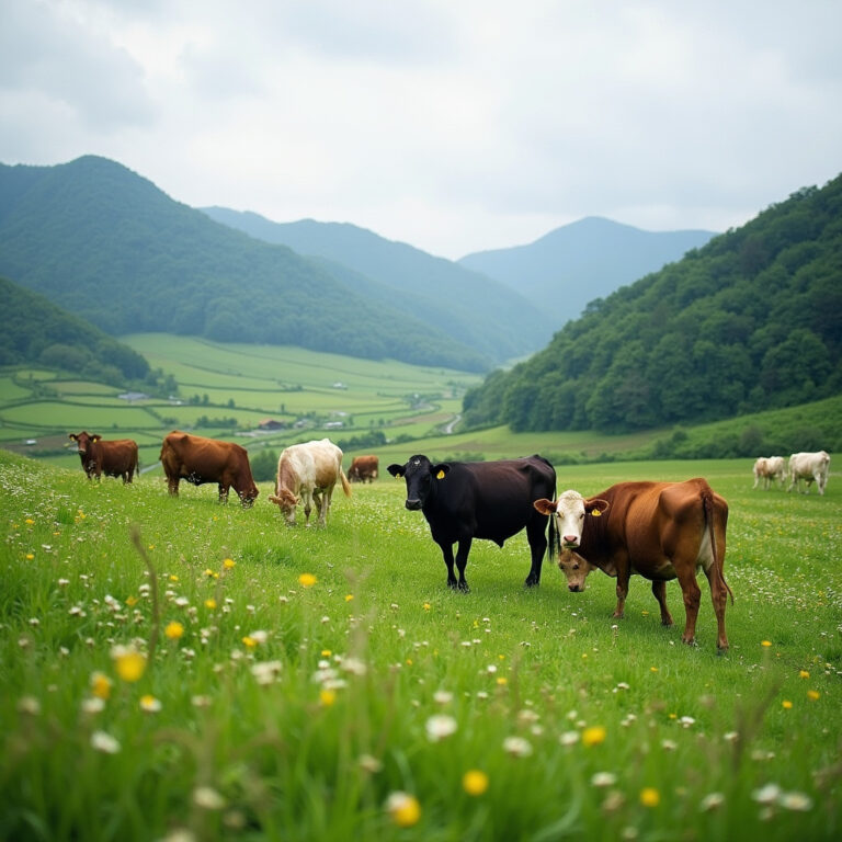 Hodowla bydła Tajima w prefekturze Hyogo, pokazująca tradycyjne metody i zielone pastwiska