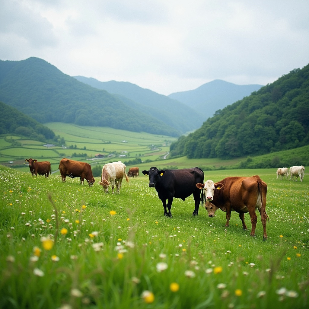 Hodowla bydła Tajima w prefekturze Hyogo, pokazująca tradycyjne metody i zielone pastwiska