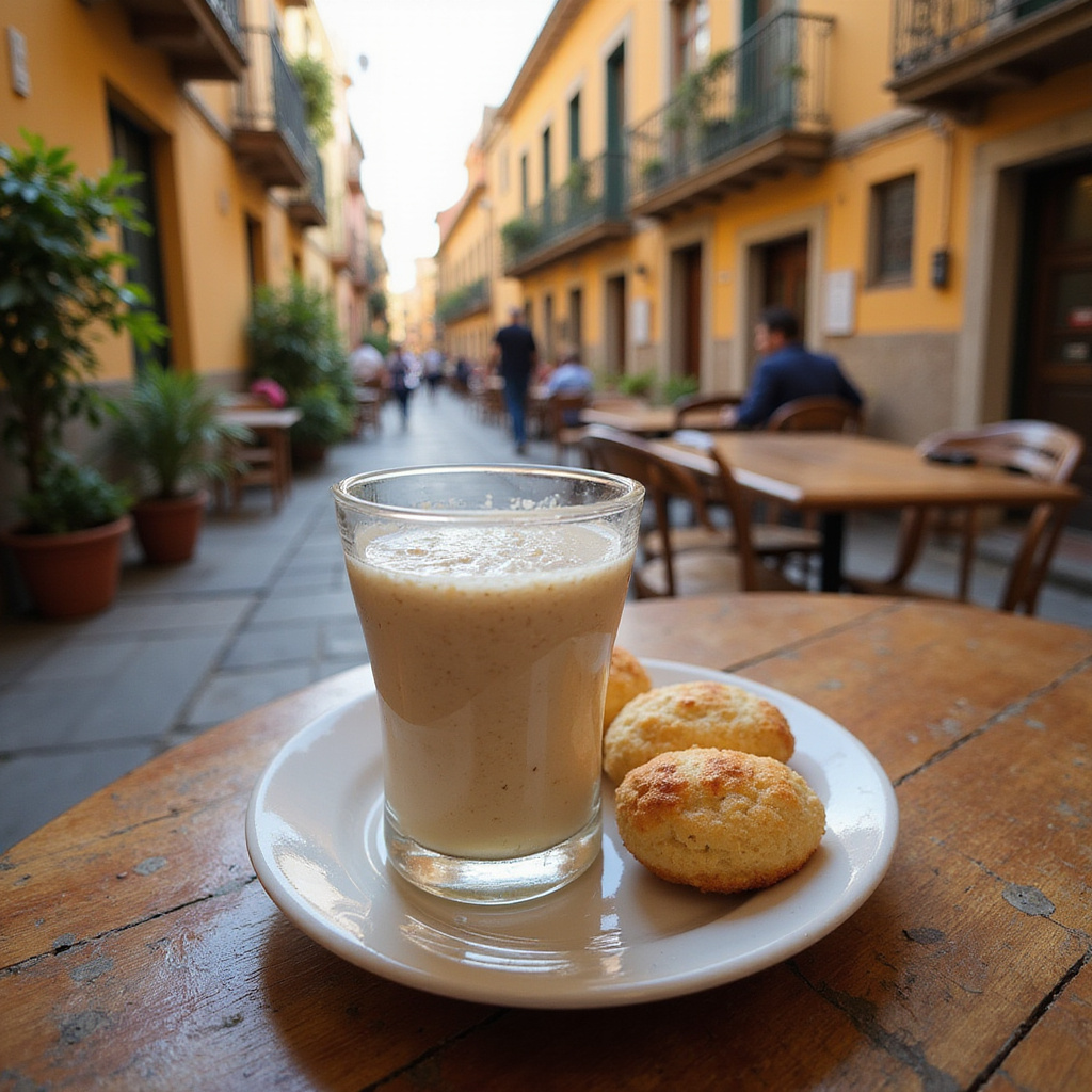 Tradycyjna horchata de chufa z fartons na tle ulicy w Walencji