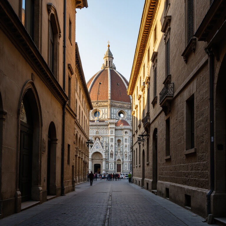Widok na katedre Santa Maria del Fiore z waskiej uliczki, Florencja zwiedzanie, renesansowa architektura