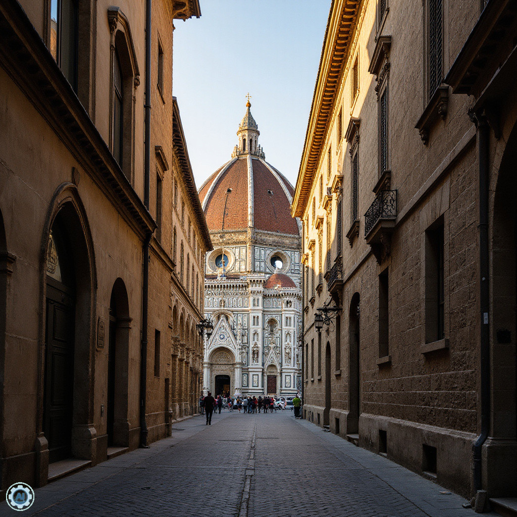 Widok na katedre Santa Maria del Fiore z waskiej uliczki, Florencja zwiedzanie, renesansowa architektura