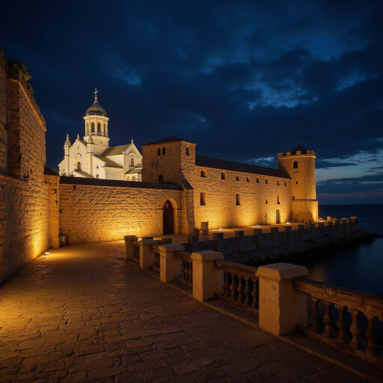 Famagusta nocą – oświetlona katedra św. Mikołaja i weneckie mury