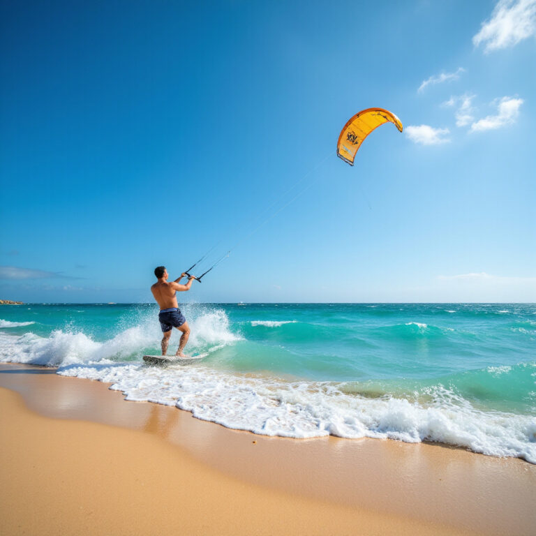 Mężczyzna uprawiający kitesurfing na plaży w Monastyrze, sporty wodne, wakacje