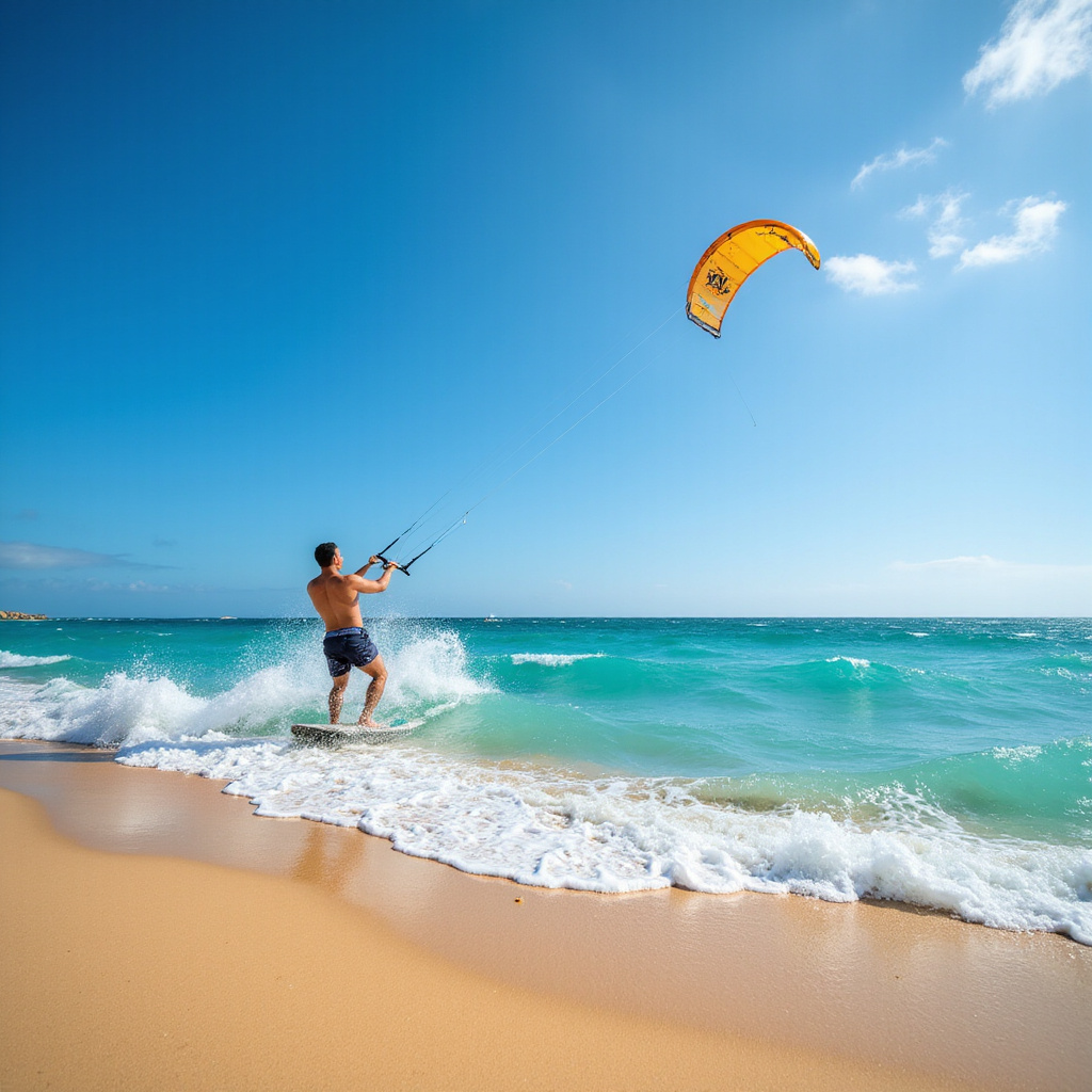 Mężczyzna uprawiający kitesurfing na plaży w Monastyrze, sporty wodne, wakacje