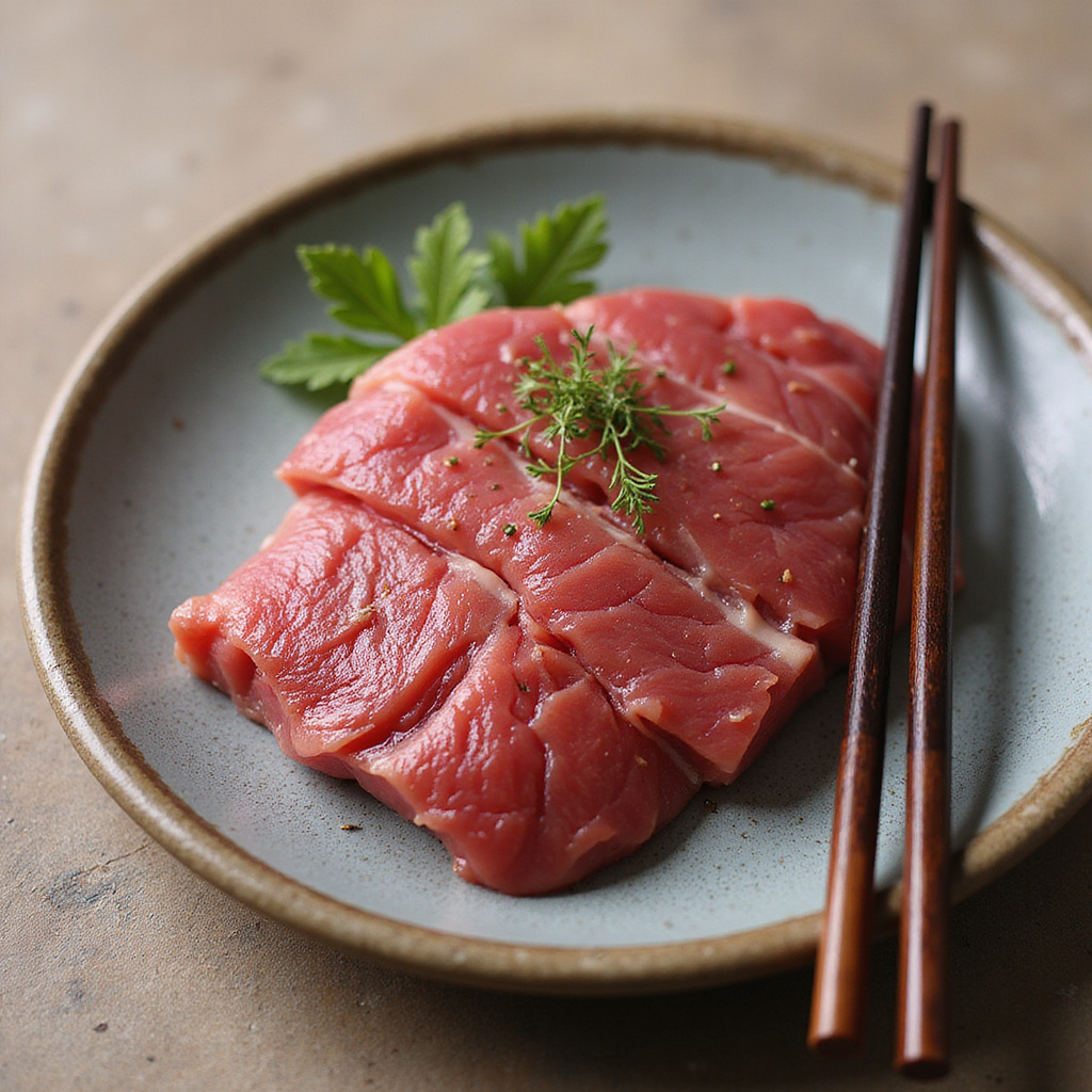 Kobe beef na talerzu z pałeczkami - delikatne mięso z marmurkowym tłuszczem