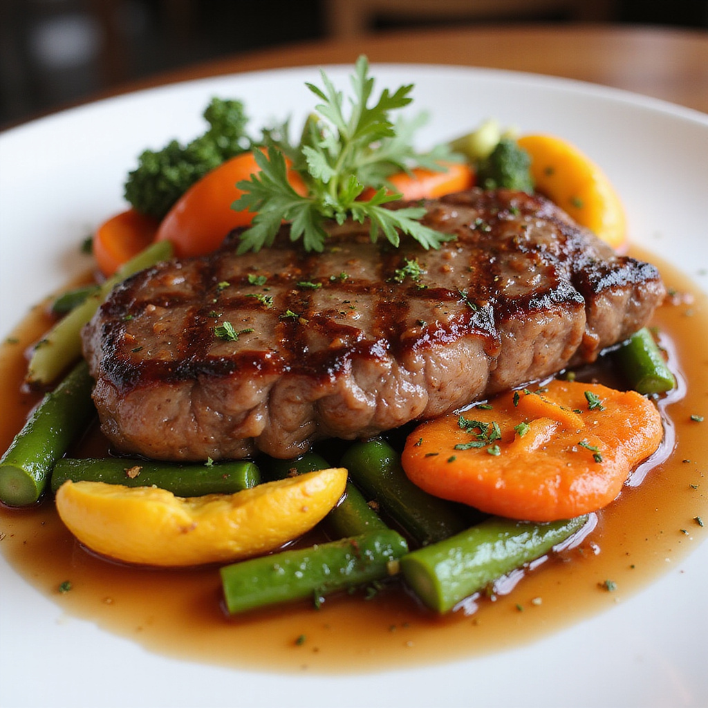 kobe beef na talerzu z warzywami i sosem