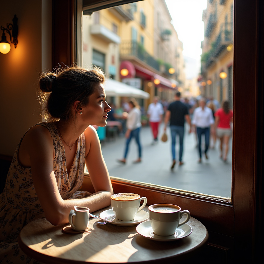 Kobieta pijąca grecką kawę w kafenio z widokiem na ulicę