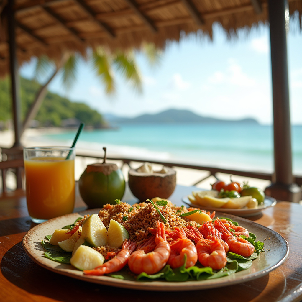 Stolik w restauracji na plaży Koh Samui z widokiem na ocean i świeże owoce morza