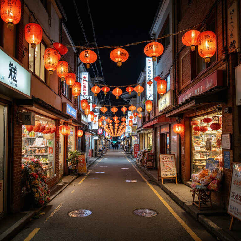 Ulica w Nankinmachi z kolorowymi lampionami i tradycyjnymi sklepami, Nankinmachi historia i kultura kobeńskiego Chinatown