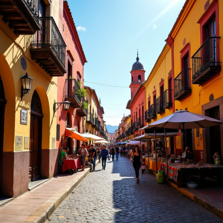 Kolorowa ulica w Oaxaca z kolonialnymi budynkami i lokalnymi straganami