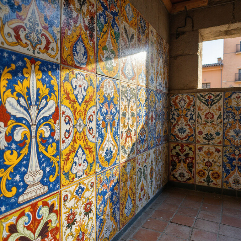 Kolorowe azulejos na ścianie w Sewilli, ceramiczne płytki, tradycyjne wzory