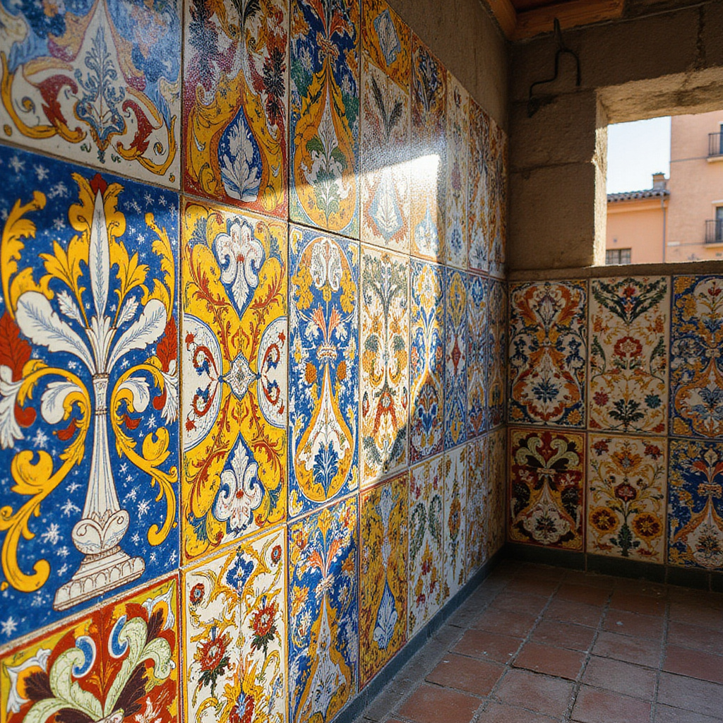 Kolorowe azulejos na ścianie w Sewilli, ceramiczne płytki, tradycyjne wzory