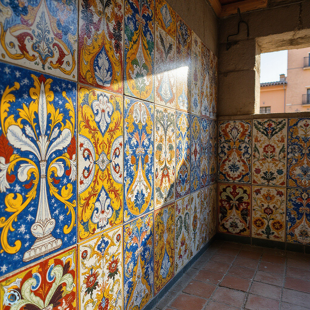 Kolorowe azulejos na ścianie w Sewilli, ceramiczne płytki, tradycyjne wzory