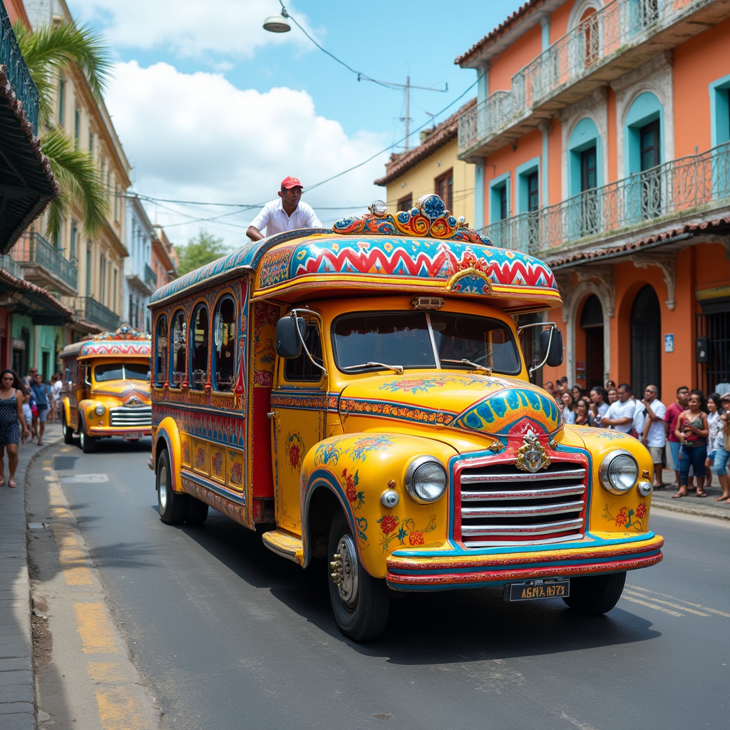 Kolorowe guaguas na ulicy w Santo Domingo, lokalny transport i dominikańska kultura