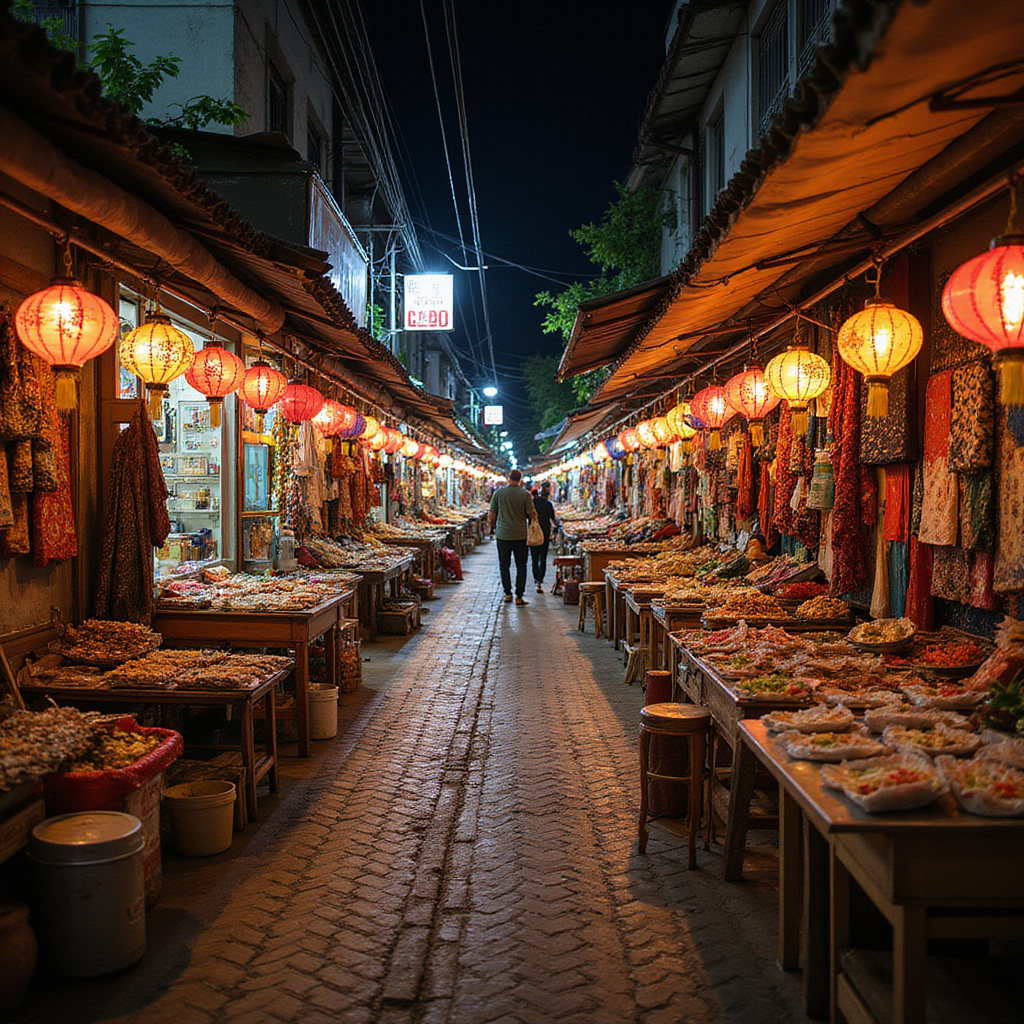 uliczka w Chiang Mai z kolorowymi straganami nocnego bazaru
