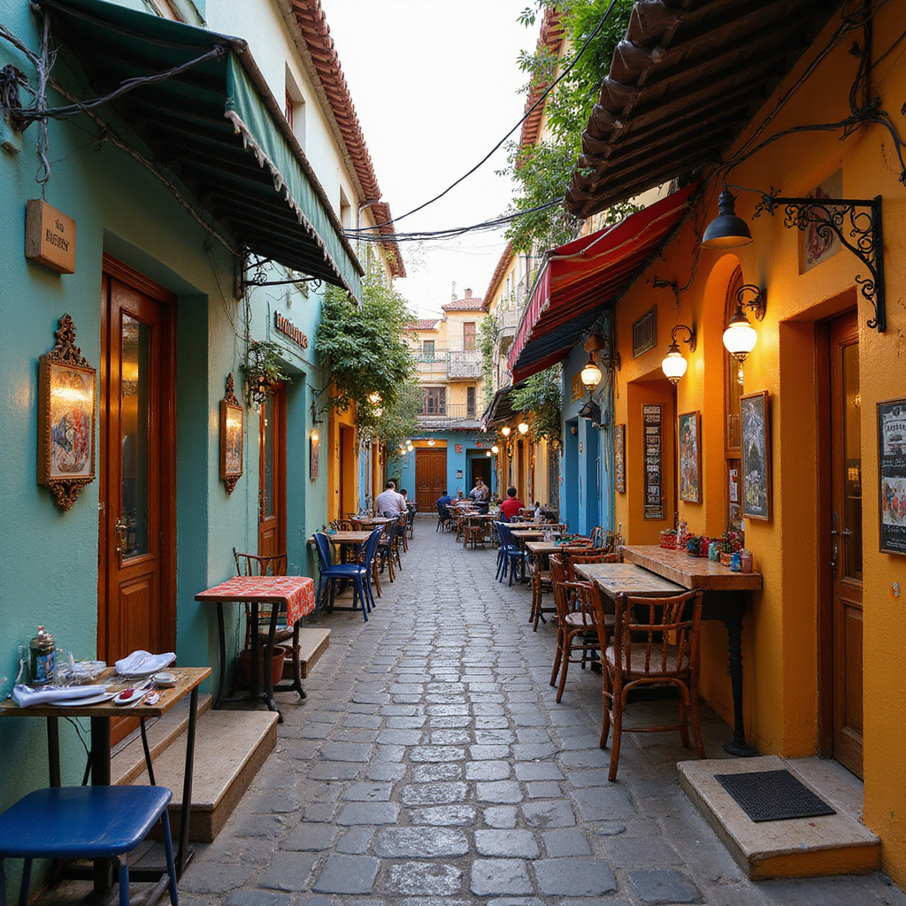 Uliczka w Lavapiés z kolorowymi restauracjami i aromatami kuchni światowej