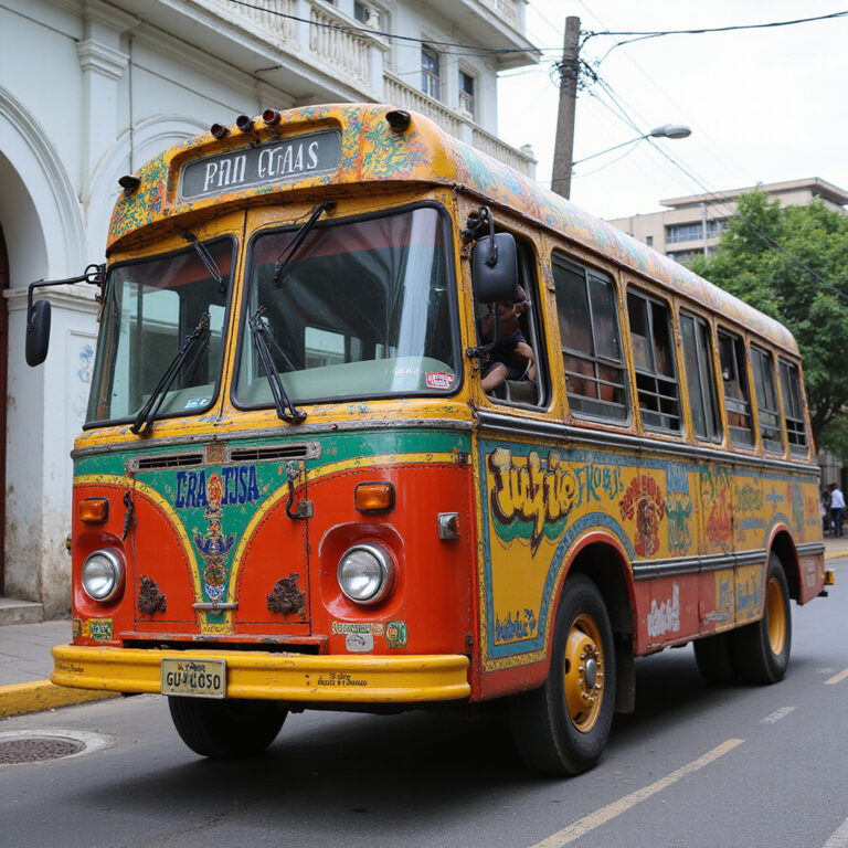 Kolorowy autobus guagua na ulicy w Santo Domingo, lokalny transport publiczny Dominikana