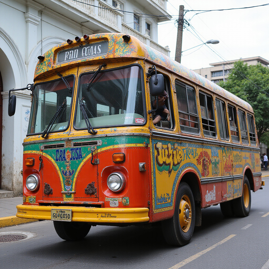 Kolorowy autobus guagua na ulicy w Santo Domingo, lokalny transport publiczny Dominikana