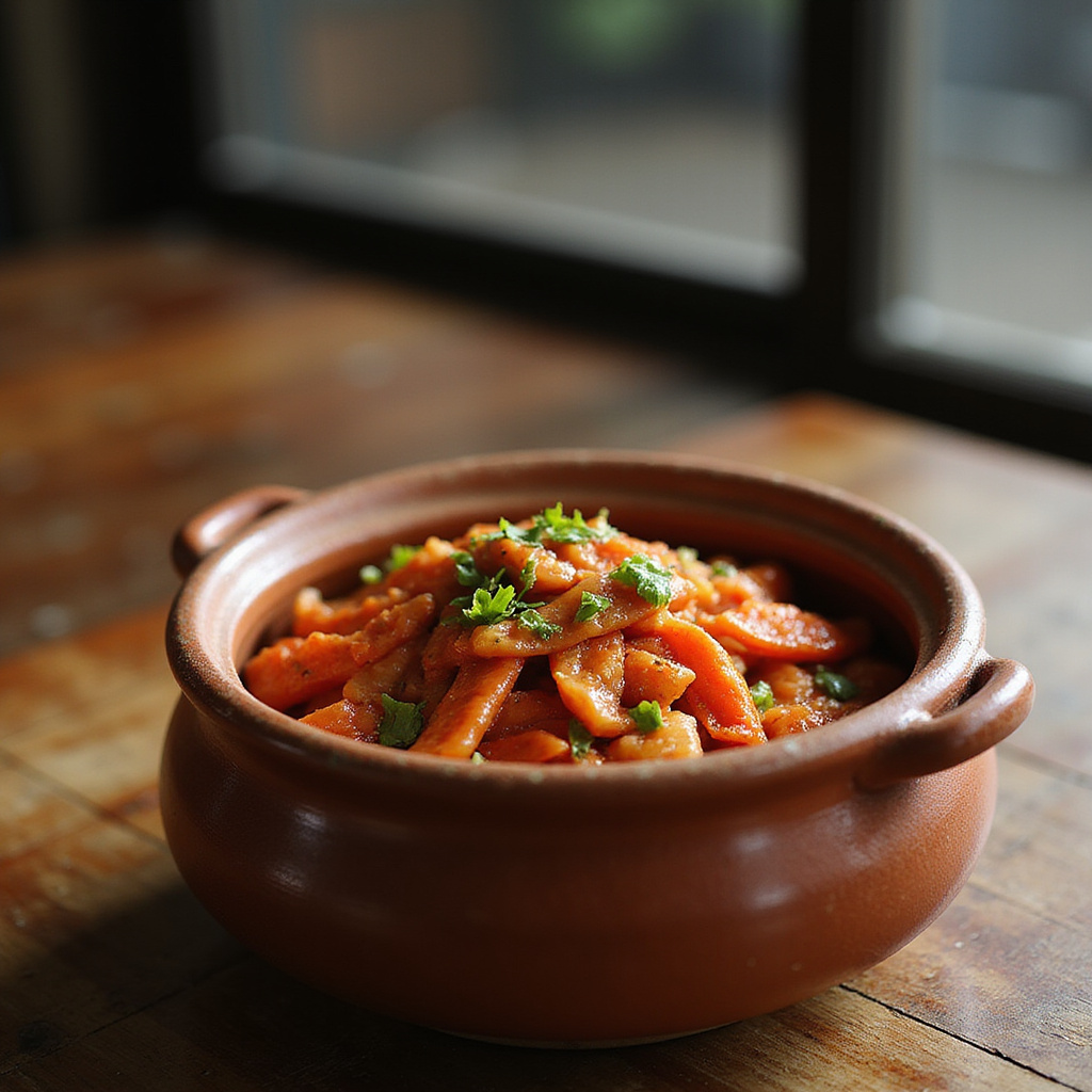 Koreańskie kimchi w glinianym naczyniu na drewnianym stole