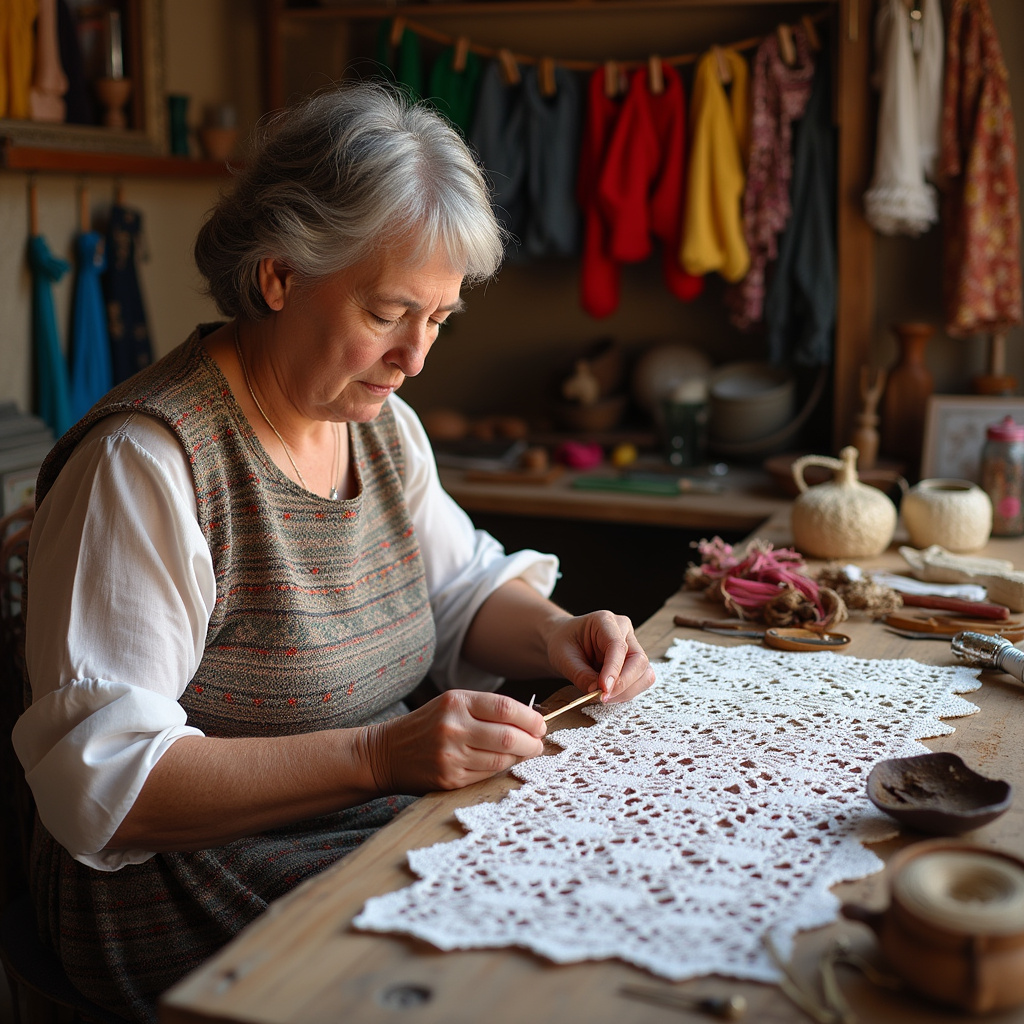 Koronczarka z Lefkary pracująca nad wzorem Lefkaritika