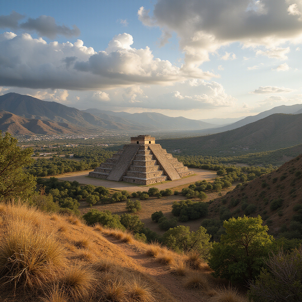 Krajobraz wokół piramid Cañada de la Virgen z widokiem na góry Guanajuato