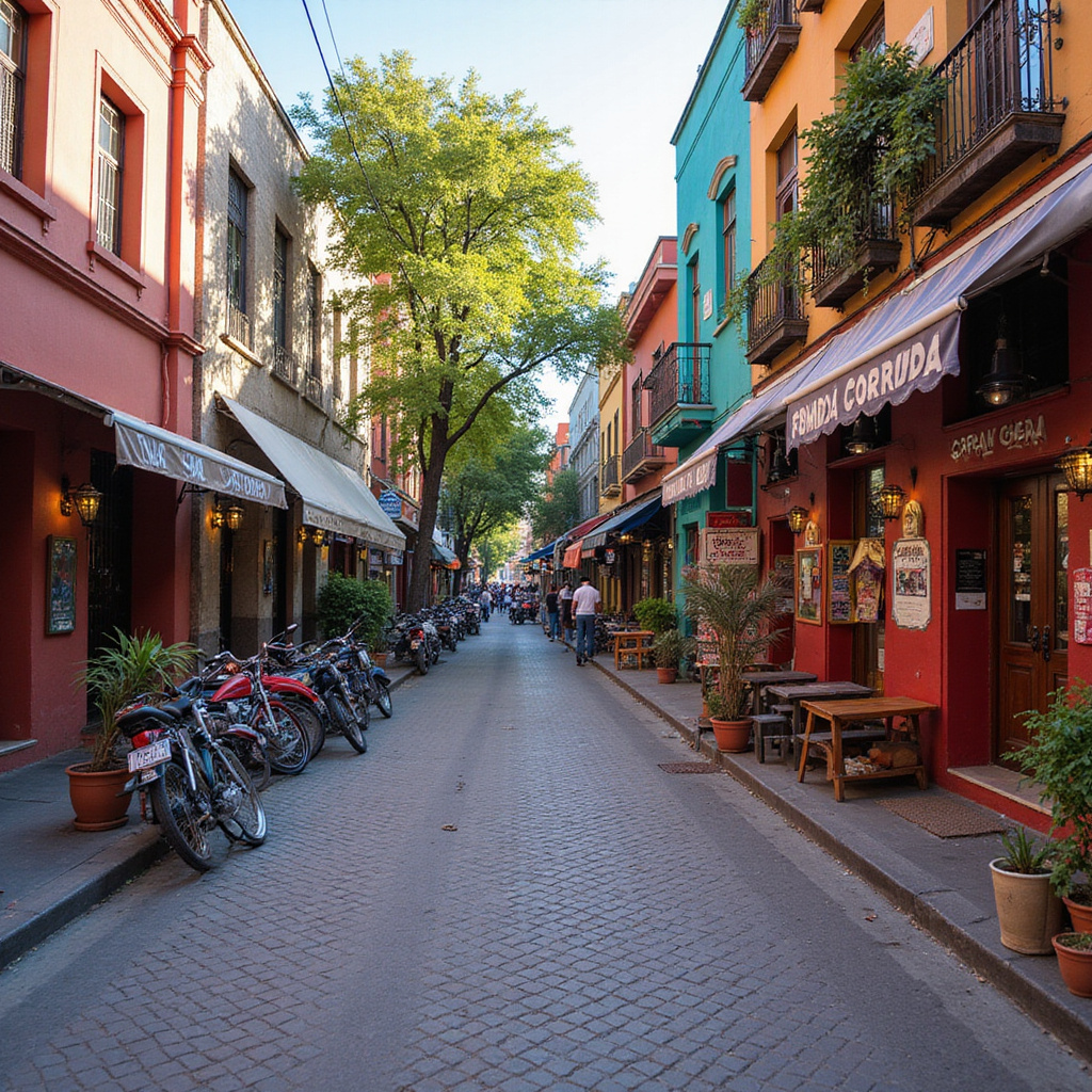 Ulica w Mexico City z lokalną fondą serwującą comida corrida, kolorowe budynki i żywe otoczenie