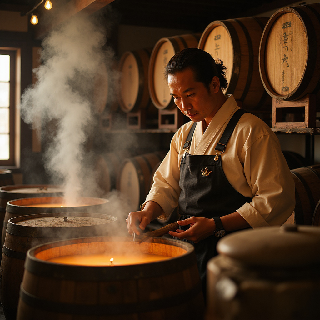 Mistrz Toji podczas procesu fermentacji sake w browarze w Nada