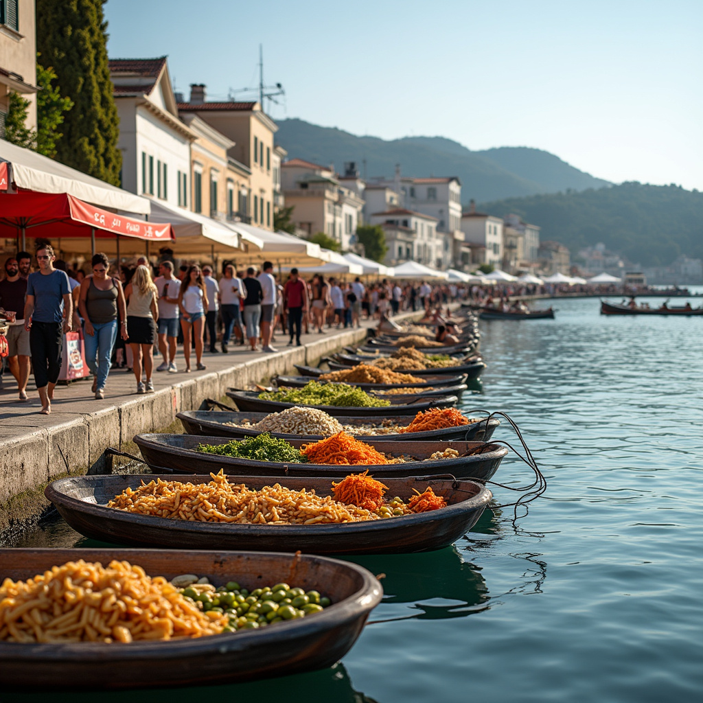 Nabrzeże w Volos z kutrami rybackimi i festiwalowymi straganami, greckie smaki, lokalne wydarzenia