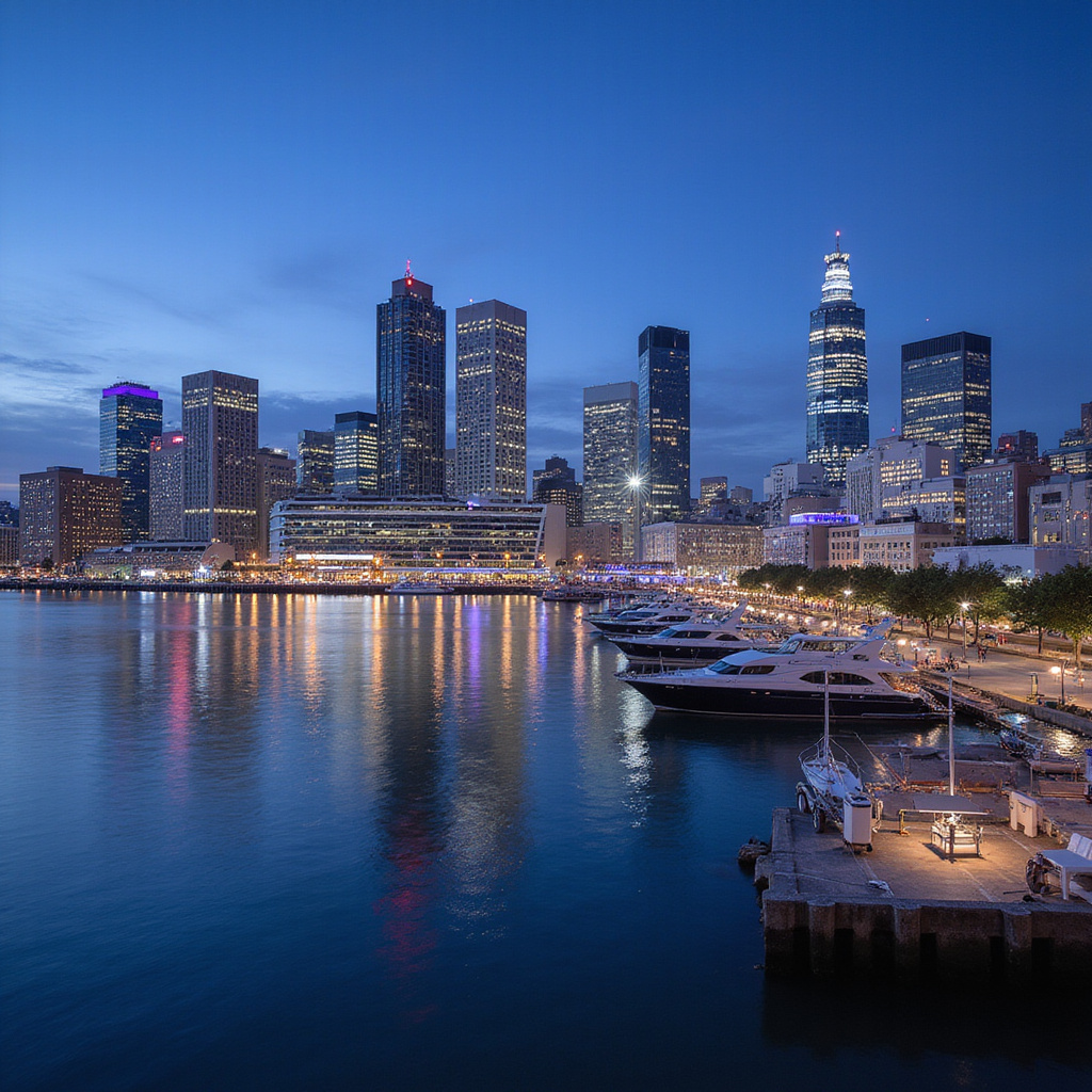 Nabrzeże w Yokohamie z panoramą portu i wieżowcami Minato Mirai