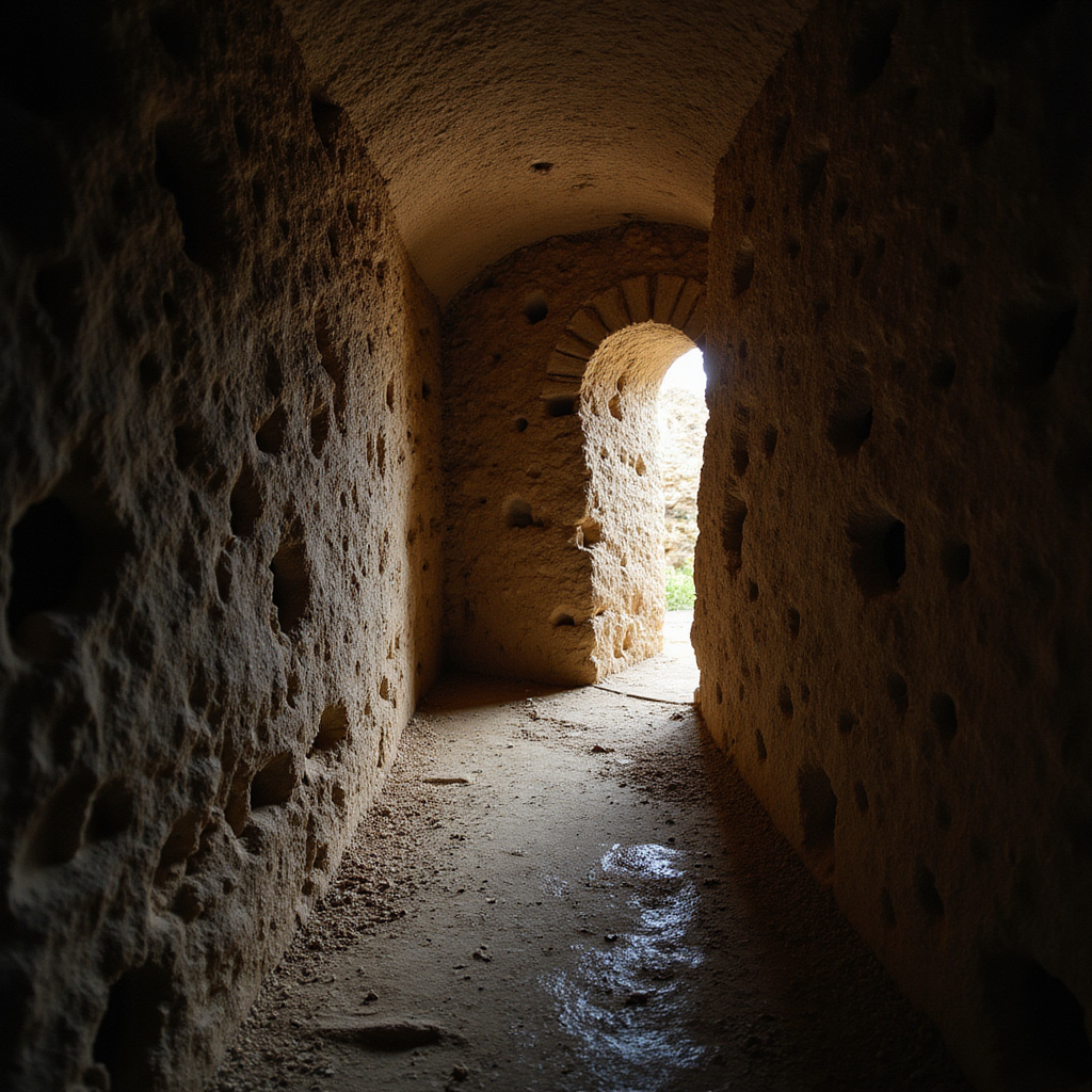 Wąskie przejście w katakumbach z naturalnym oświetleniem