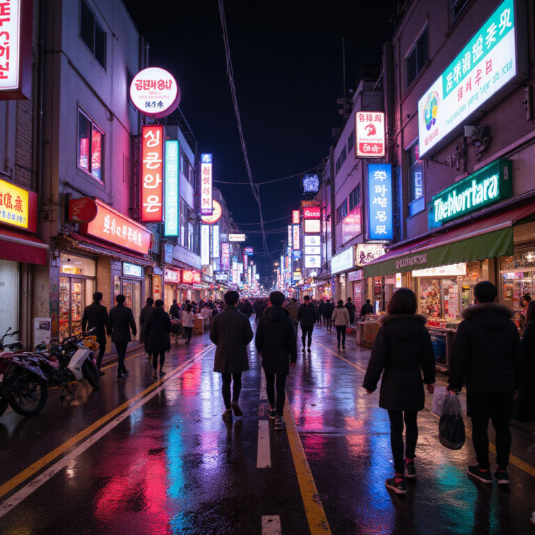Seul nocą: neonowe światła przy ulicy w dzielnicy Hongdae