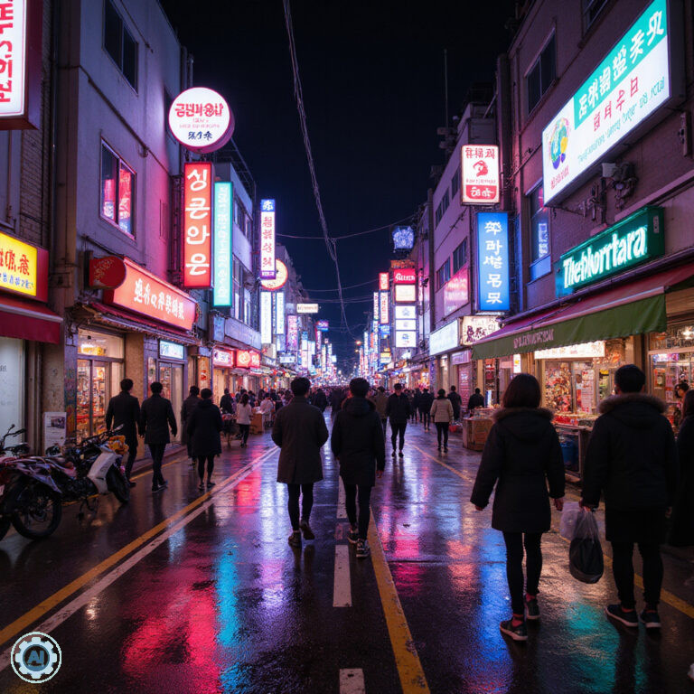 Seul nocą: neonowe światła przy ulicy w dzielnicy Hongdae