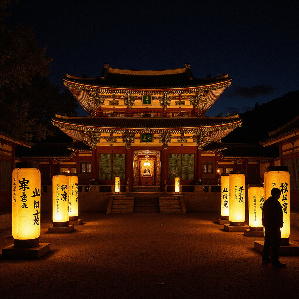 Buddyjska świątynia Jogyesa oświetlona lampionami nocą