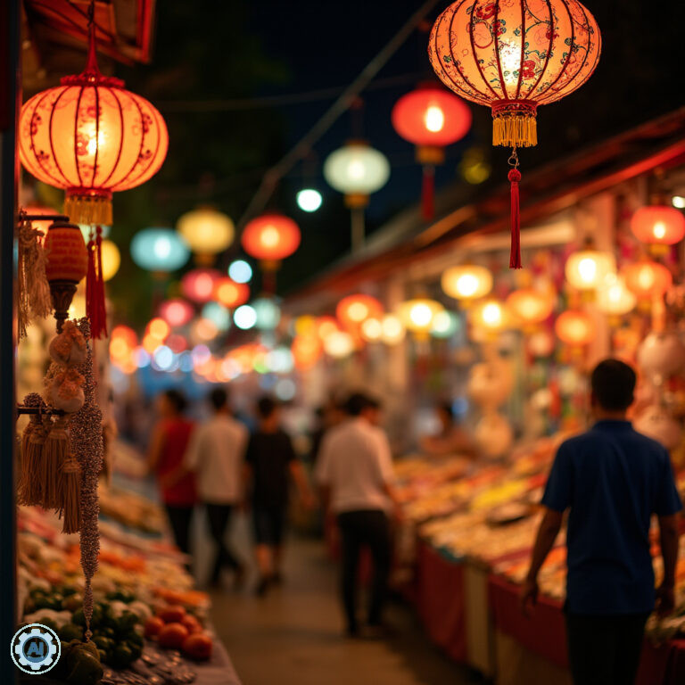 nocne targi Da Nang z kolorowymi lampionami i straganami