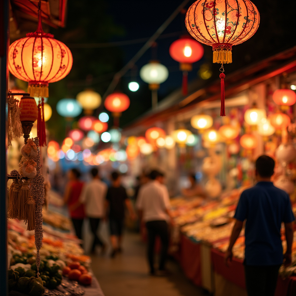 nocne targi Da Nang z kolorowymi lampionami i straganami