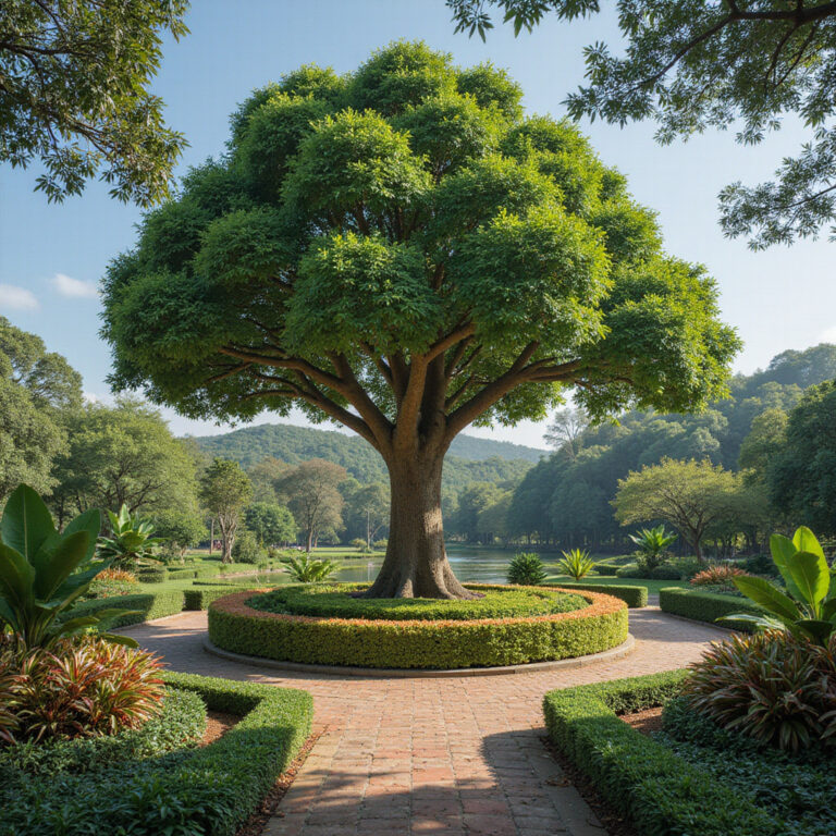 Ogród Klai Kangwon z drzewem tamarindowca i tajskimi roślinami królewskimi