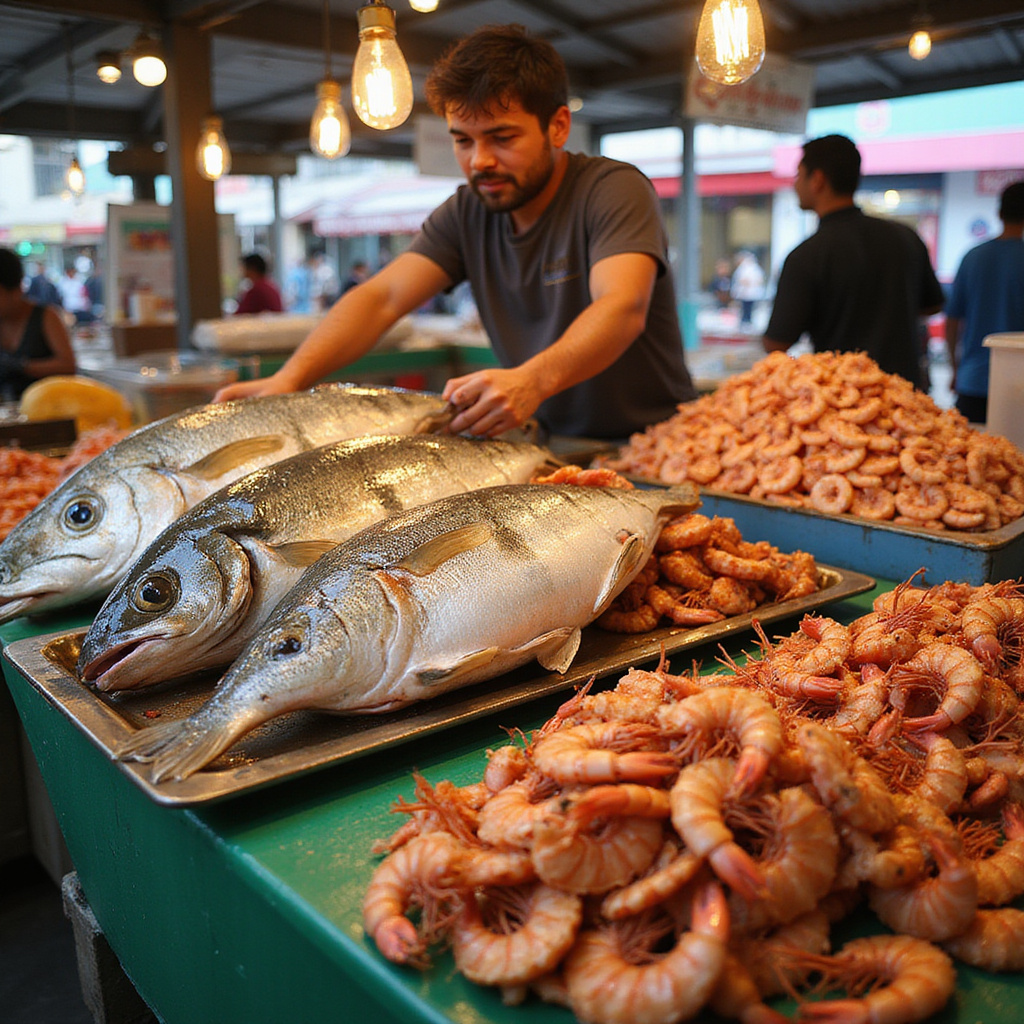 Świeże owoce morza na targu D'Talipapa, ryby i krewetki na straganach