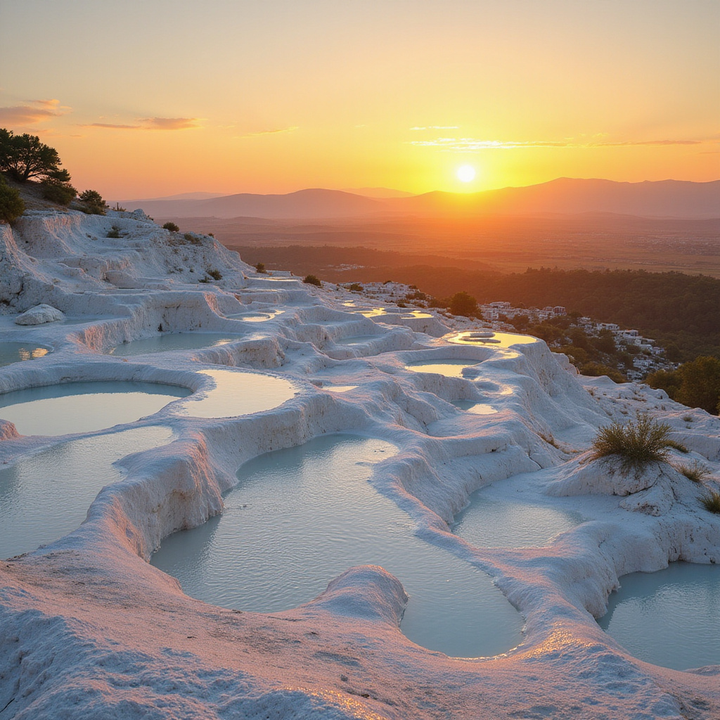 Widok na białe tarasy Pamukkale o zachodzie słońca